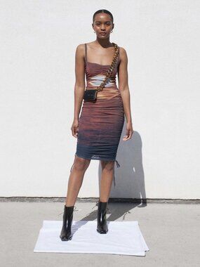 PRISCAVera Ruches Mesh Sunset Print Midi Dress